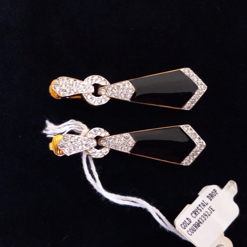 COURRÈGES PARIS -Vintage Gold-Tone Black Enamel & Crystal Drop Earrings – Signed